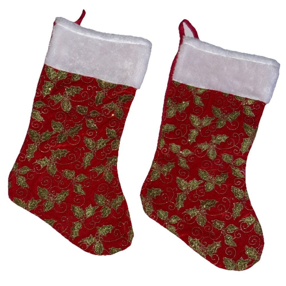 Holly Berry Glitter Red Felt Christmas 17" Stocking, New